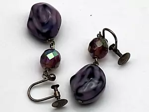 Vintage Sterling Silver Clip on Earrings on Screws Rainbow Obsidian Dangle Drop - Picture 1 of 7