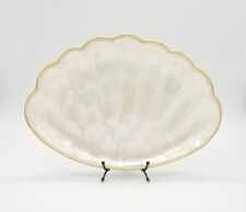 Vintage Oval Capiz Shell Plate Jewelry Tray Ivory With Gold Trim Scalloped Edge 