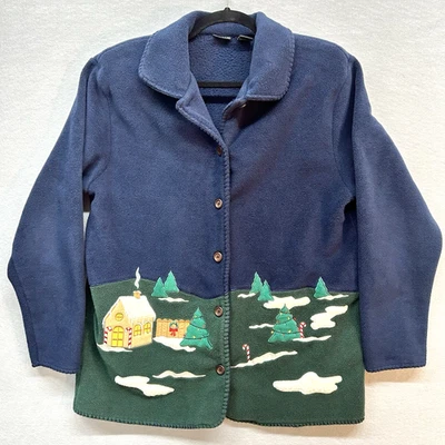 Vtg Woman Medium Blue Green Fleece Christmas Button Up Sweater Jacket Trees Snow - Image 1 of 4