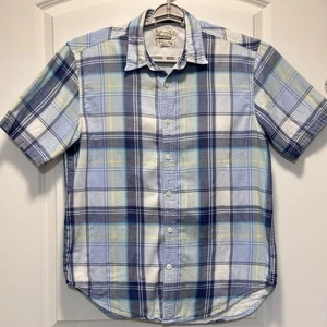 Vintage Blue Plaid Summer Short Sleeve Shirt Large Cotton Travel Outdoors Preppy - Picture 1 of 11
