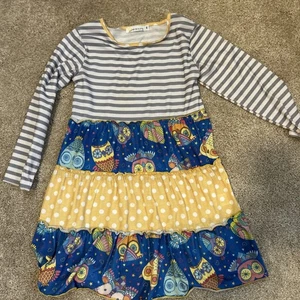 Sunshine Swing long sleeve kids dress grey stripes yellow blue owls sz 6 - Picture 1 of 5