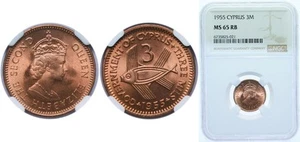 Cyprus 1955 3 Mils Bronze 955 Copper 3 Tin 15 Zinc NGC MS 65 - Picture 1 of 1