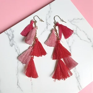 Pink Ombré Tassel Earrings Gold Tone Chain Dangle Hook Women Boho Chic Jewelry - Picture 1 of 5