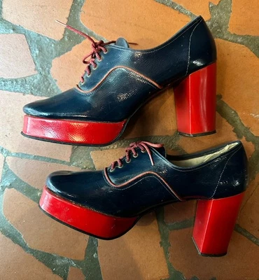Vintage 1960s 1970s Glam Rock Disco PLATFORM Shoes MOD Navy Blue Red - Image 1 of 4