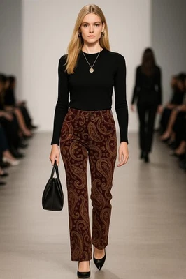 Pantalones de Pana Vintage Neutro Paisley Borgoña Icónicos Nuevos con Etiquetas Jones New York Talla 4 Foto 1 de 4