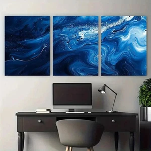 3pcs Blue Abstract Splash Paint Design Wall Art Canvas Framed 50x70cm - Picture 1 of 3