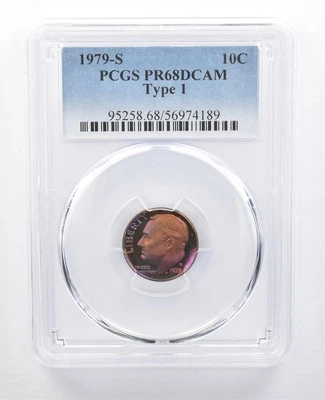 1979-S Roosevelt Dime Type 1 PR68 DCAM PCGS Purple/Blue Tone *7685 - Image 1 of 3