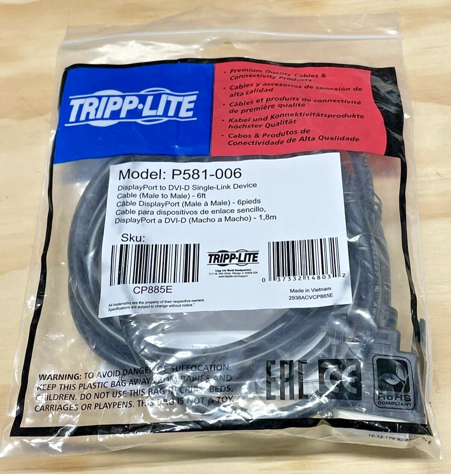 Tripp Lite P581-006 6ft DVI Single link Male to DisplayPort Male Cable NEW - Image 1 of 3