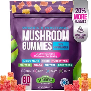 Suplemento natural de setas gomitas Ashwagandha Shiitake 80 cuentas sabor fruta - Imagen 1 de 10