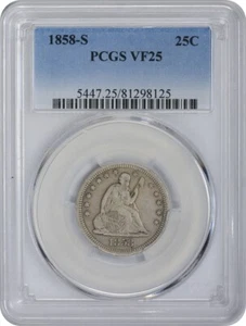 1858-S Liberty Seated Quarter VF25 PCGS - Picture 1 of 3