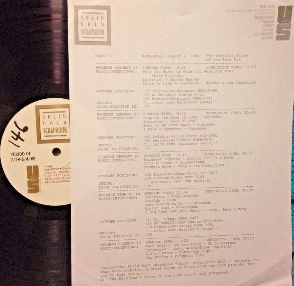 RADIO SHOW 8/2/89 ROCK TRIOS: DAWN,THREE DOG NIGHT, KINGSTON TRIO, SUPREMES SET - Image 1 of 1