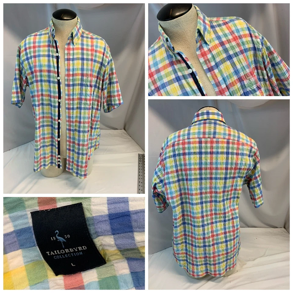 Camisa masculina Tailorbyrd Seersucker SS botão L azul amarela vermelha algodão YGI H1-24 - Imagem 1 de 4