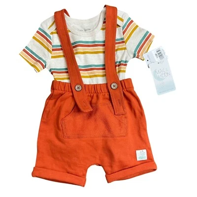 Mac & Moon Striped Top & Rust Suspender Shorts Set Baby Size 12M Organic Cotton - Image 1 of 4
