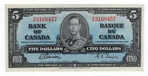 Bank of Canada 1937 $5 Five Dollars Gordon-Towers X/C Prefix AU++ - Bild 1 von 2