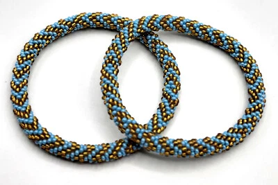 Set of 2 Handmade Beaded Bracelet Nepal Glass Bead Stackable Crochet Bracelets - Image 1 of 4