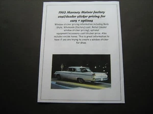 1963 Mercury Meteor--factory cost/dealer sticker pricing for cars + options $$ - Picture 1 of 1