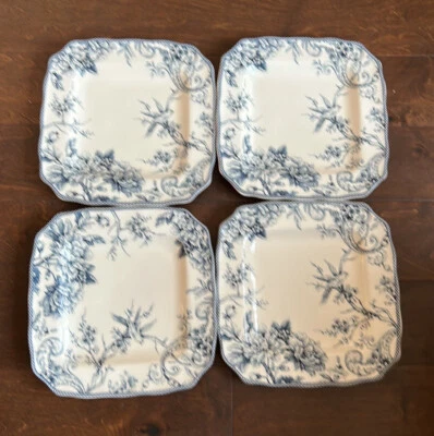 222 Fifth set Of 4 dinner plates Adelaide Blue and White 10 7/8" flowers birds - Image 1 of 2