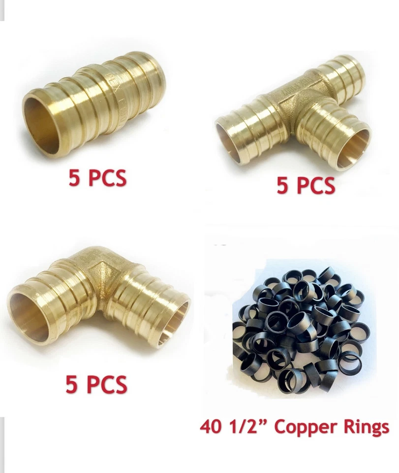 55 PCS 1/2" PEX CRIMP FITTINGS 15PCS -TEE, COUPLING ELBOW/5 EACH+40 COPPER RINGS - Image 1 of 1