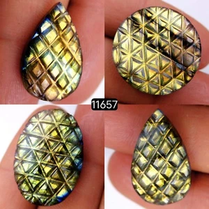 4 Pc 87Ct Natural Labradorite Carving Cabochon Gemstone Lot 29x20-22x14mm #11657 - Picture 1 of 4