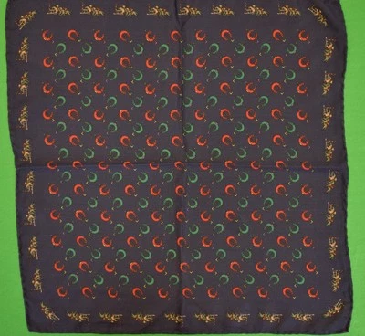 Navy Silk Pocket Square w/ Jockey/ Racehorse Border & Red & Green Horseshoes - Image 1 of 3