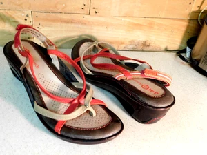 J-41 Adventure On WOMEN Strappy Wedge Sandals leather tan & orange Comfort 8 EC - Picture 1 of 6