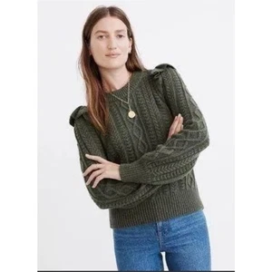 Madewell Hollydene Ruffle Shoulder Wool Cable Knit Pullover Sweater Green Large - Picture 1 of 5