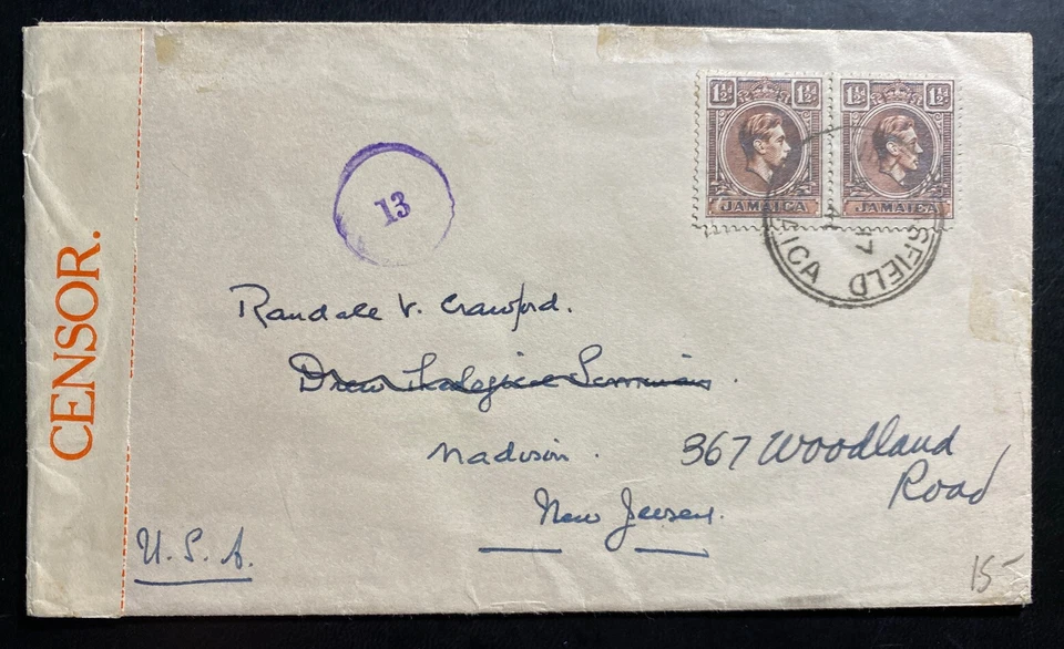 Jamaica 1941 cubierta censurada para Madison Nueva Jersey EE. UU. Foto 1 de 1