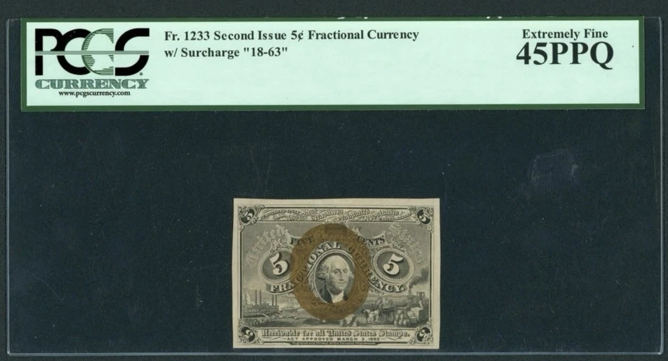 1863 Second Issue 5 Cents Union Fractional Currency FR#1233 Civil War, PCGS XF45 - Image 1 of 4