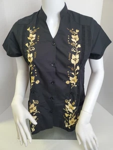 Womens Mexican Guayabera FLORAL Black Shirt Small Button down Front Pocket - Picture 1 of 13