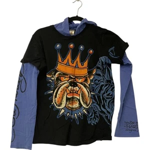 Ed Hardy Tshirt Kids Boys Size L Black Cotton Bulldog Animal Print Long Sleeve - Picture 1 of 6