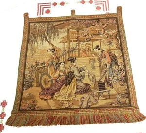 Flemish Style Petit Point Woven Tapestry Wall Hanging Japanese Market Scene - Picture 1 of 16