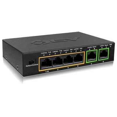 BV-Tech 6 Port PoE+ Switch (4 PoE+ Ports with 2 Ethernet Uplink and Extend Fu... - Image 1 of 4