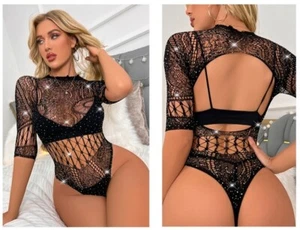 Medias bodystocking de peluche con estrás de red para mazmorra fetiche ropa lencería Reino Unido - Imagen 1 de 7