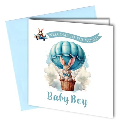#1817 Welcome to the world baby boy congratulations card / new baby bunny blue - Image 1 of 2