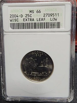 2004-D Wisconsin State Quarter Extra Leaf Low ANACS MS66 Old Soap Box Holder - Image 1 of 4