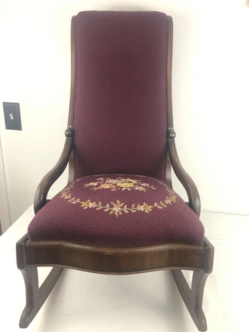 Victorian Solid Wood Child's Rocking Chair Needlepoint Upholstered Back & Seat Cover