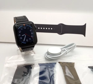 Apple Watch Series 5 44mm Space Gray GPS Black Leather Band + extras - Picture 1 of 20