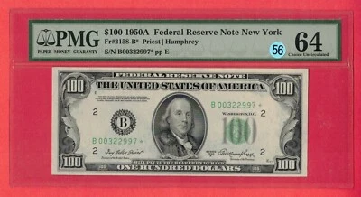 1950A $100 Federal Reserve Note New York FR# 2158-B PMG 64 UNC Lt 56 - Image 1 of 2