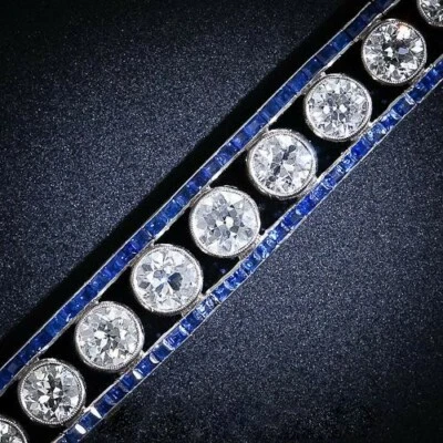 Brazalete francés Art Deco brillante plata 925 diamantes 10,00 quilates y zafiro 4,00 quilates Foto 1 de 4