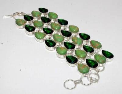 925 Sterling Silver Turquoise & Chrome Gemstone Jewelry Bracelet Size-7-8" - Image 1 of 4