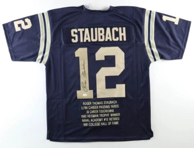 Roger Staubach Signed Navy Midshipmen Career Highlight Stat Jersey (JSA COA) Q.B - Image 1 of 4