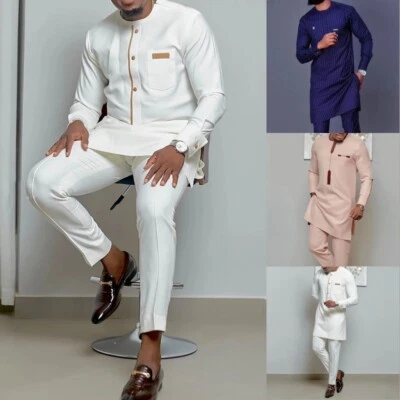 Conjunto de banquete informal africano para hombre top y pantalones manga larga blusa pantalones 2 piezas Foto 1 de 4