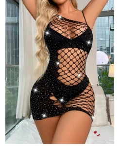 Free size Sexy Women Mesh Knitted Mini Dress rhinestones Nightwear Clubwear(USA) - Picture 1 of 3
