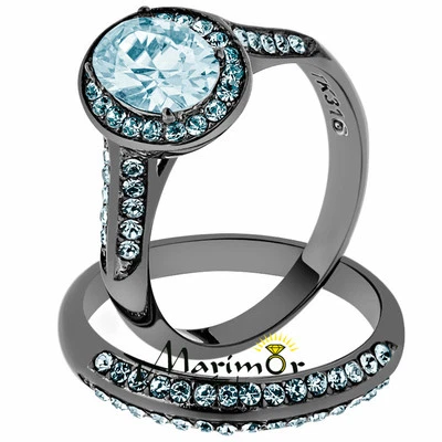 2.65 Ct Sea Blue Cz Halo Gray Stainless Steel Wedding Ring Set Women's Size 5-10 - Image 1 of 4