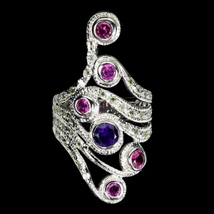 925 Sterling Silver Ring Round Amethyst Peridot Rhodolite Gemstone Jewelry Size - Picture 1 of 13