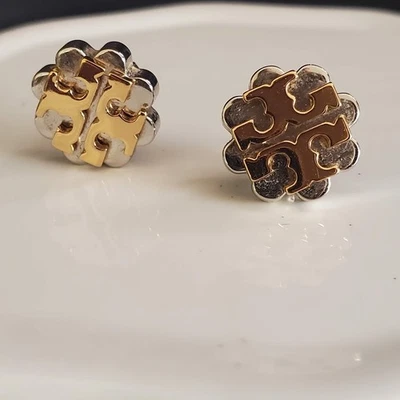 Tory Burch Pierced Earrings Gold Tone Logo on Silver Tone Base Classic Designer - Image 1 of 4