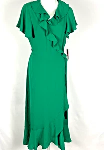 Vestido midi envolvente CHELSEA 28 talla L verde liso crepé volantes manga corta cuello en V - Imagen 1 de 9