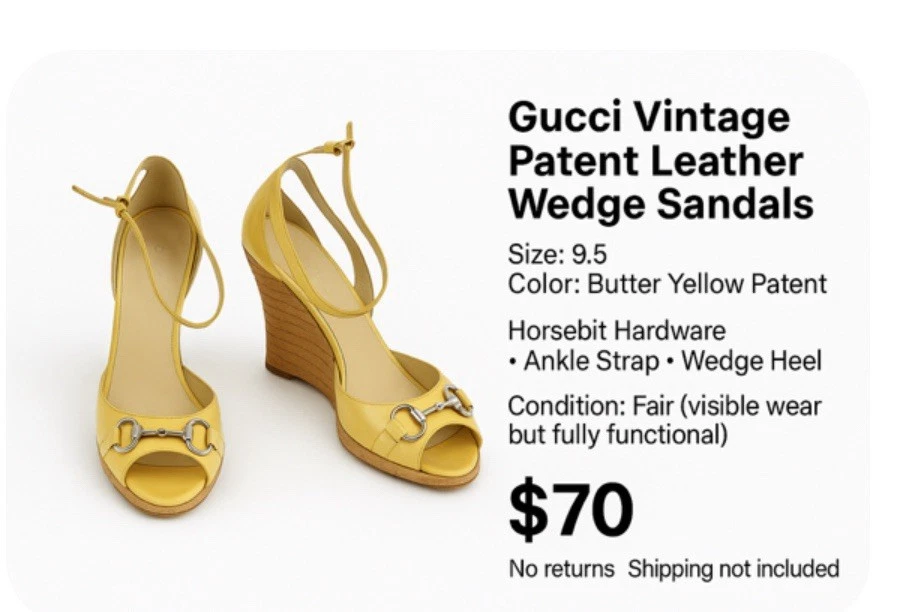 Sandalia de cuña Gucci vintage charol mujer 9,5 amarilla Horsebit correa al tobillo Foto 1 de 1
