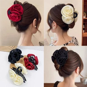 Rose Silk Floral Hair Claws 3 PCS Large Bow Clips Barrettes for Women - Picture 1 of 6