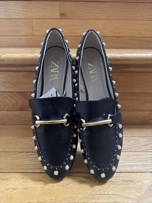 NWT ZARA Women’s Black Loafers Size 9 Studded Pearl Flats - Image 1 of 4
